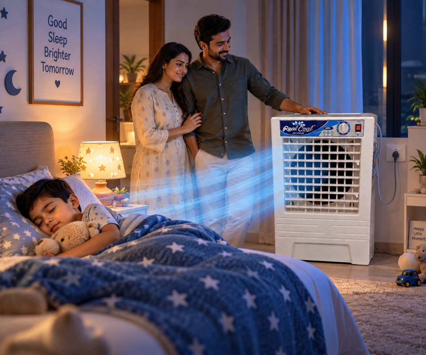 RealCool air cooler providing cool air in a family bedroom