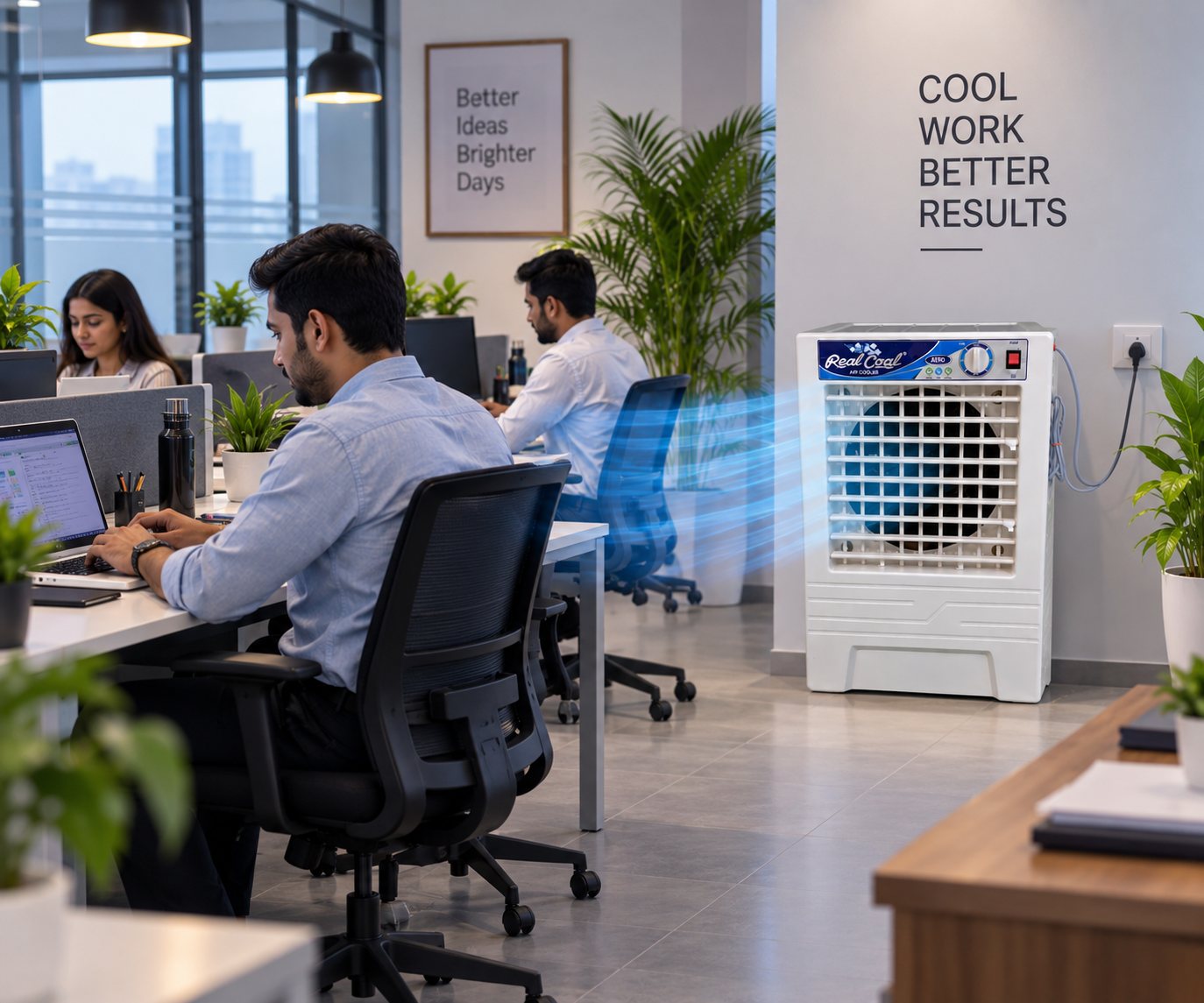 RealCool air cooler providing powerful cooling in an office