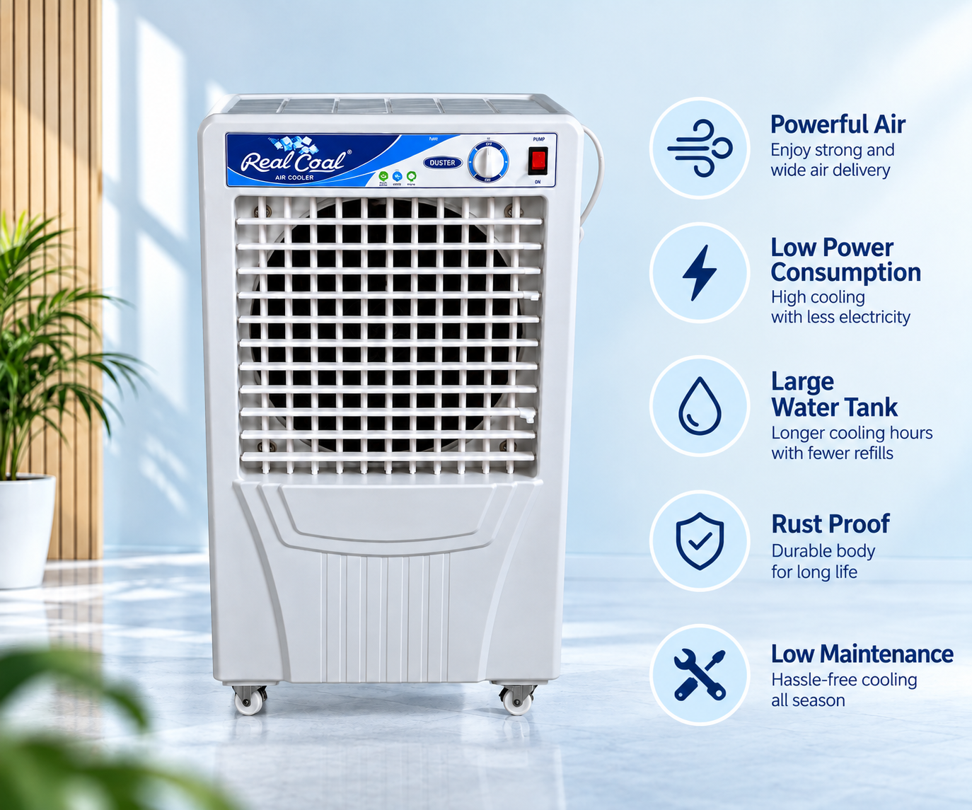 RealCool Duster air cooler with powerful air delivery and large water tank
