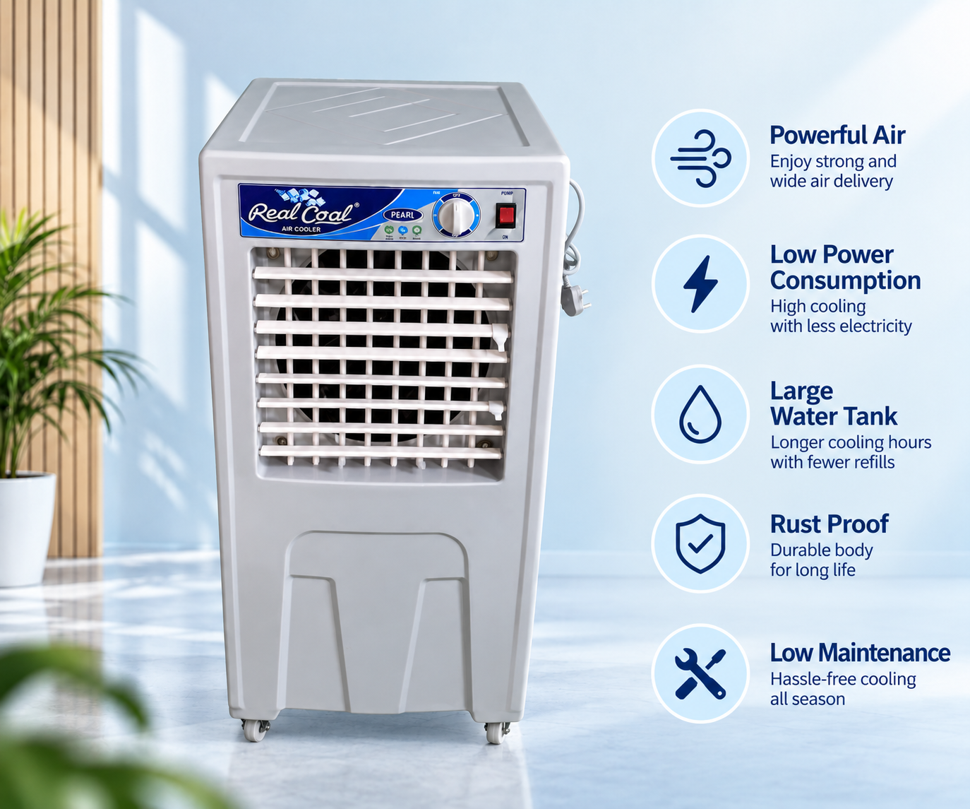 RealCool Pearl air cooler with powerful air delivery and large water tank
